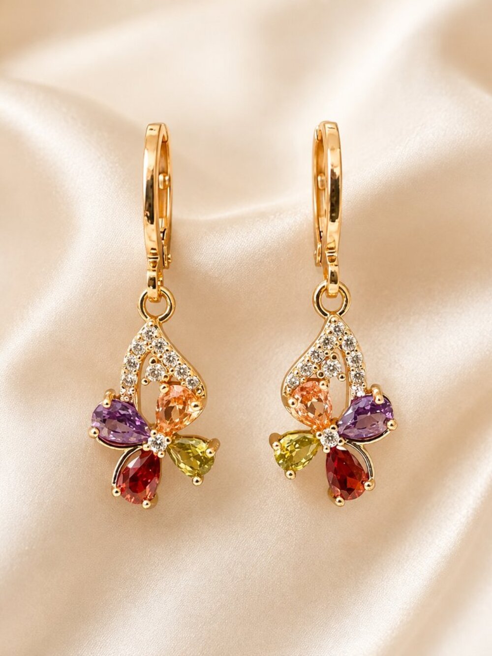 Gold Multicolor Crystal Drop Earrings | 1" Floral Dangle Earrings Colorful 1024